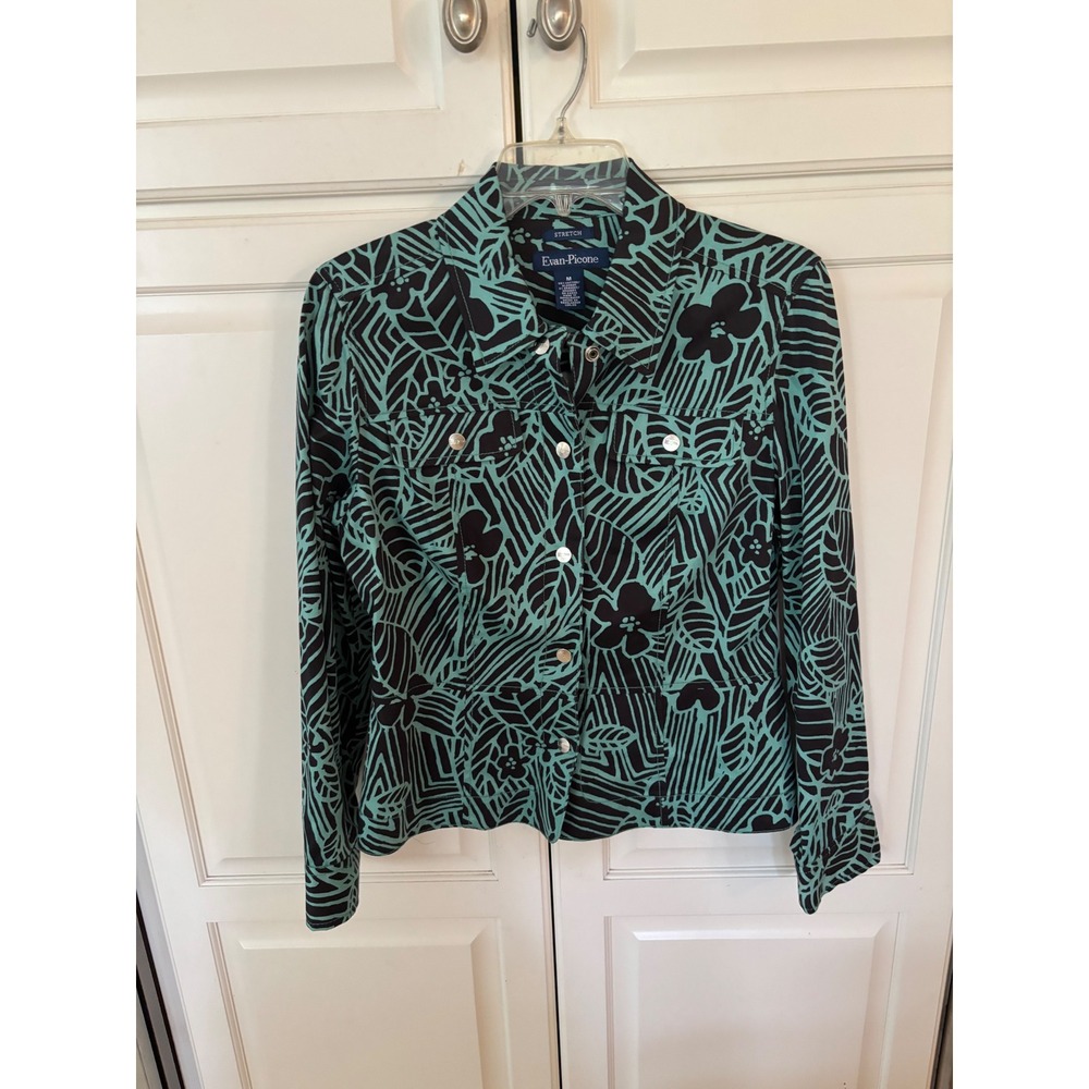 Evan-Picone Teal Black Tropical Floral Stretch Cotton Button Front Jacket Medium